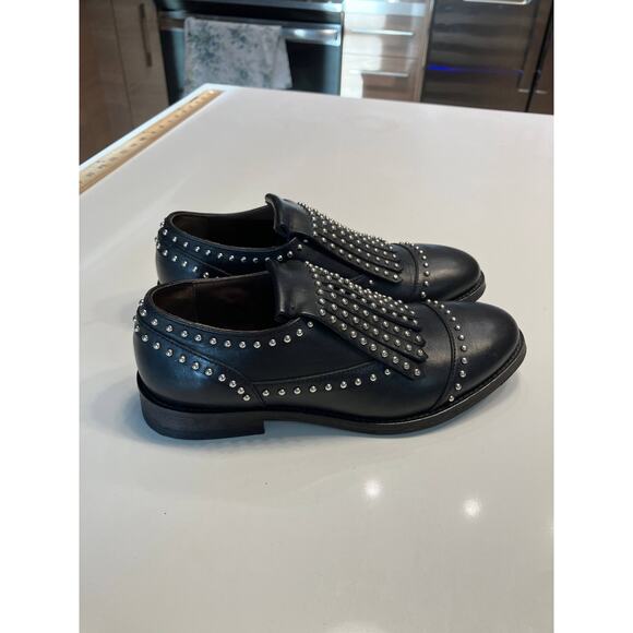BOEMOS Black Silver Leather Studded Fringe Wingtip Slip On Loafers Size 36 - Picture 9 of 13